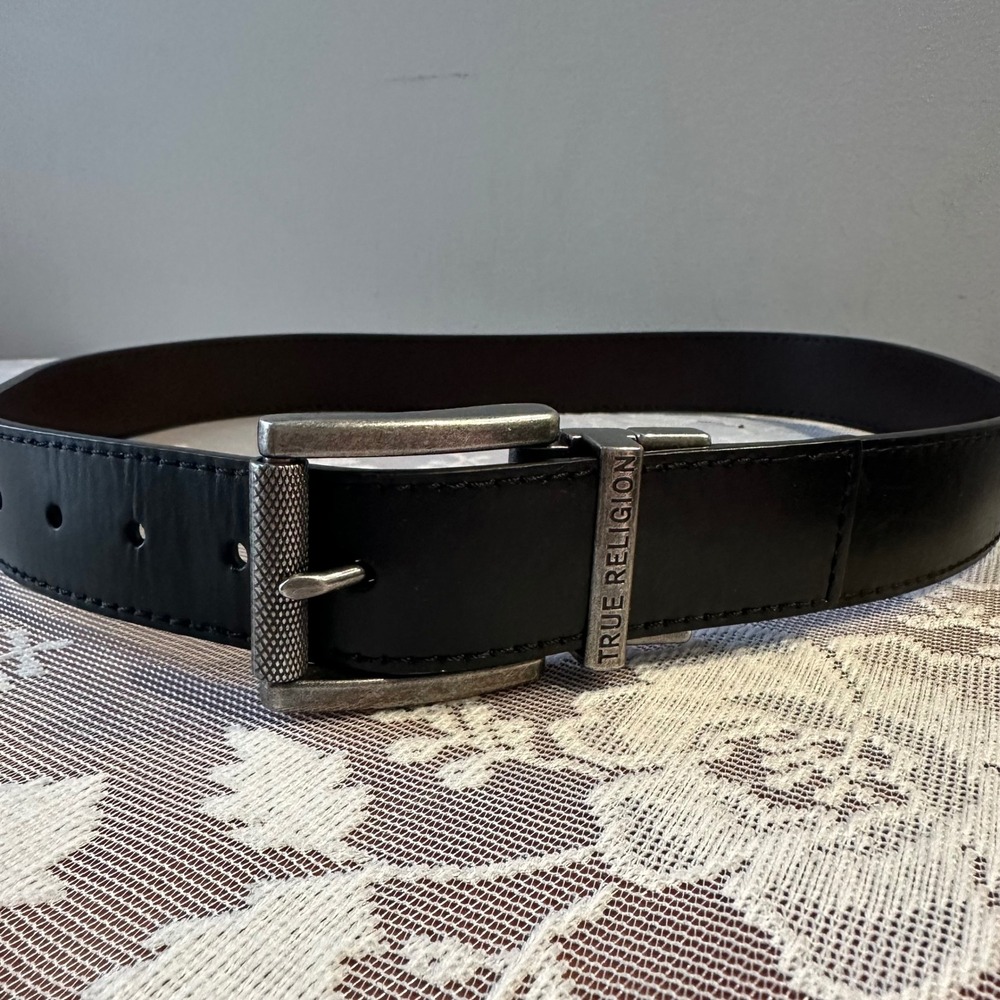 True Religion Mens Reversible Belt Black‎ Brown Simulated Leather Size 34 Logo